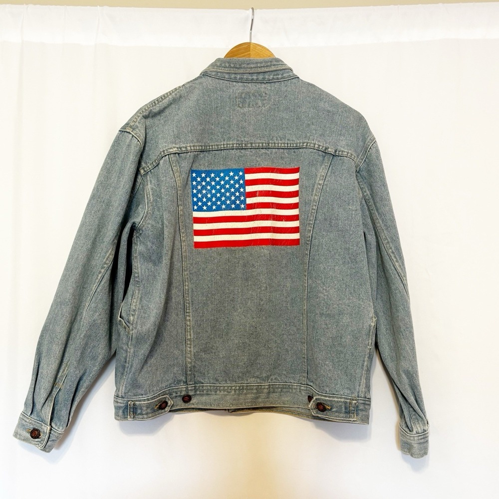 Vintage Squeeze‎ Ocean Denim Trucker Jacket USA Flag Patch size Medium Unisex